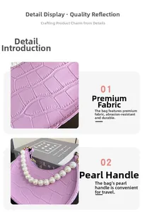 Detail of purple croc-embossed mini handbag featuring elegant pearl handle and gold clasp