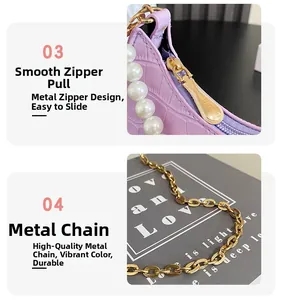 Detail of lavender crocodile texture bag with smooth gold zipper and pearl accents