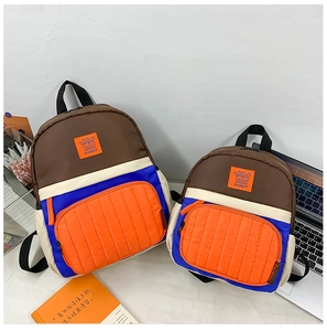 Detail view of colorful contrast canvas backpacks with Happy Rabbit logo in two sizes
