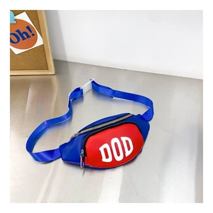 Close-up of kids contrast color sports waist bag with red DOD print and nylon texture
