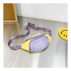 Close-up of kids' yellow and purple waist bag with dual zippers and DOD logo