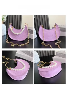 Detailed views of purple crocodile pattern mini bag with pearl handle and gold chain