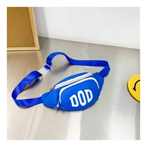 Detail view of royal blue crossbody chest bag for kids with adjustable strap and DOD logo
