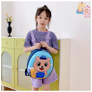 Detail of blue 3D hardshell kids backpack featuring cute 3D cartoon bear for ages 3-6