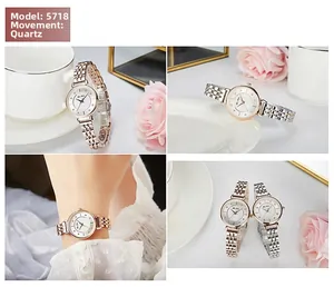 Detailed views of quartz watch 5718 with rhinestone markers and metal chain strap