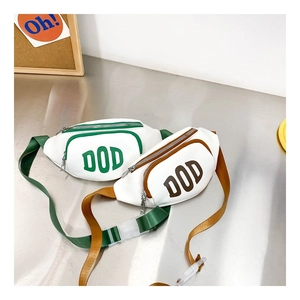 Detail view of kids trendy mini chest bags with DOD print and adjustable nylon straps