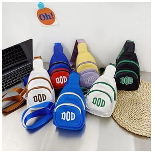Close-up showing colorful children's PU leather crossbody bags with DOD letter printing