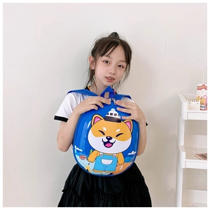 Toddler blue hardshell backpack featuring a cute shiba inu dog print for preschool boys