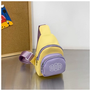 Detail of yellow and purple contrast chest bag with DOD logo and nylon strap
