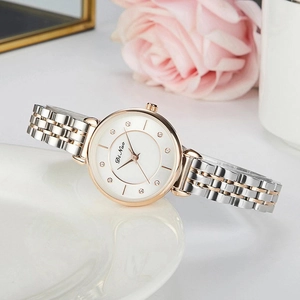 Elegant rose gold and silver stainless steel watch with crystal markers on white dial