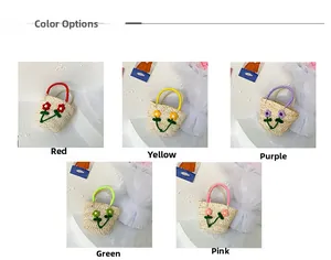 Detail display of colorful handmade flower woven straw beach bags for girls