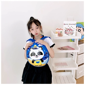Detail of cute blue shell backpack with cartoon panda print on hard EVA material