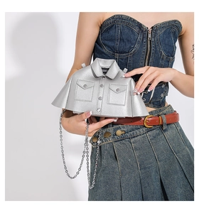 Unique silver jacket-shaped shoulder bag with metallic finish and chain strap details