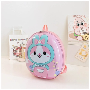Pink egg-shaped hard shell backpack with cute cartoon rabbit for toddlers 3-6 years