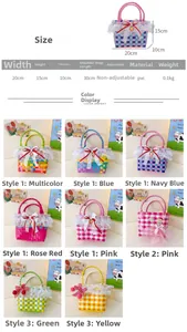 Detailed size specifications and colorful woven beach bags for girls with lace and bows
