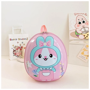 Detailed view of kids hard shell rabbit backpack with pink handle and dual zippers