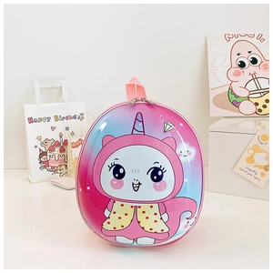 Detail of pink and blue gradient eggshell backpack with cute cartoon character design
