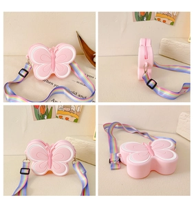 Detail view of pink silicone butterfly bag showing zipper and rainbow strap in four angles