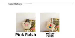 Detail display of flower woven handbags with pink and yellow crochet appliques