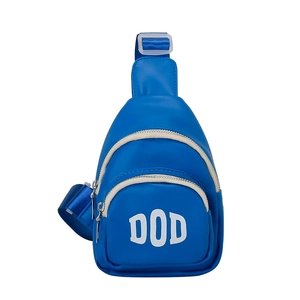 Kid's blue PU chest bag with DOD letter print and adjustable shoulder strap on white background