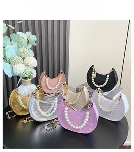 Detail of mini crocodile pattern bags with pearl handles in seven assorted colors