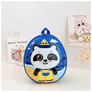 Close-up of lightweight blue hardshell kids backpack featuring a cute panda design