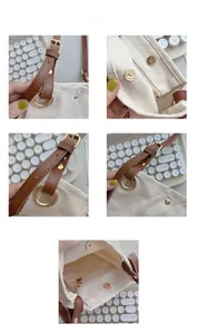Détails du sac en toile crème montrant le fermoir magnétique et la bandoulière en PU