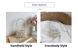 Detail of white faux pearl woven bags in both handbag and crossbody styles for girls