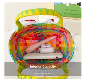 Top view of woven beach bag interior showing capacity for phone and makeup bag