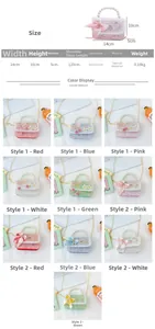 Tableau des tailles détaillé pour mini sac perle enfant avec dimensions et coloris