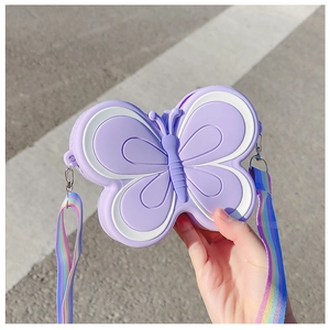 Detail of cute purple butterfly silicone bag with adjustable colorful striped strap