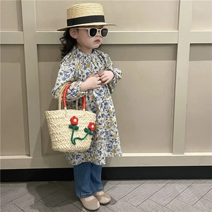 Cute girls straw flower handbag and floral summer dress for kids beach accessories