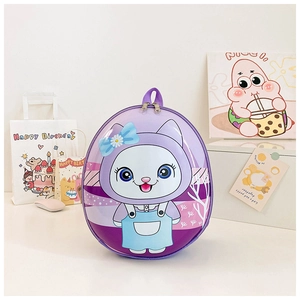 Detail of purple hard shell toddler backpack with cartoon cat and dual metal zippers