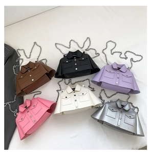 Mini jacket-shaped crossbody bags in various colors with metal chain straps and lapel detail