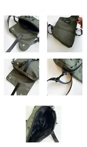Détails de la sacoche bandoulière en nylon vert armée avec boutons-pression en métal