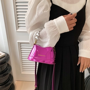 Chic metallic fuchsia mini bag with silver heart-shaped chain strap for women