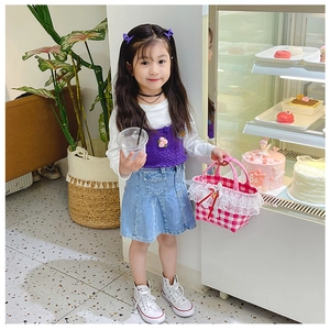 Girls fashion outfit featuring a pink checkered lace handbag and purple floral knit vest
