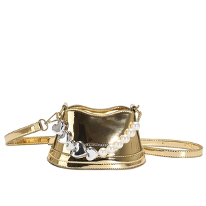 Golden mirror metallic crossbody bag with white pearls and silver heart chain detail