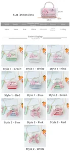 Size chart for mini flower handbag with pearls showing 14x10x5cm dimensions and chain
