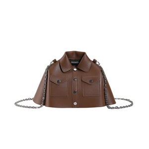 Creative brown leather jacket shaped crossbody bag with silver chain strap for women