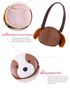 Detail of cute dog-shaped kids bag featuring waterproof PU leather and front mesh pocket