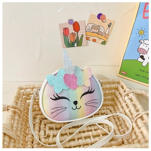 Détail du joli sac bandoulière licorne chat à paillettes arc-en-ciel pour enfants