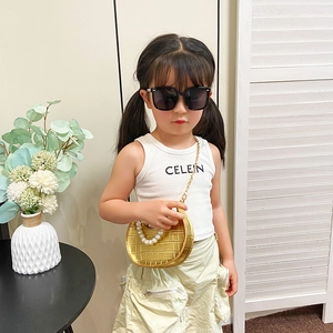 Mini metallic gold crocodile pattern girls' handbag with pearl handle and chain strap
