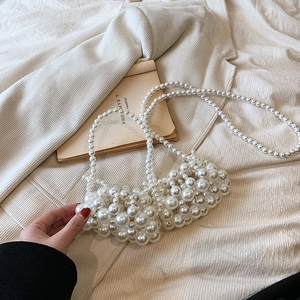 Girls Artificial Pearl Beaded Mini Handbag Handwoven Crossbody Bag Princess Accessories Korean Style Retro Gift