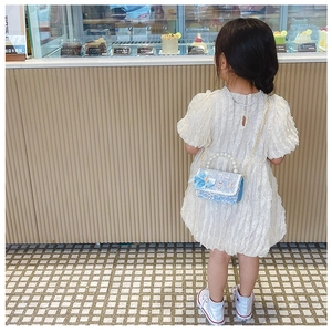 Sac bandoulière bleu à paillettes pour filles avec anse en perles et petit nœud