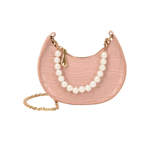 Pink crescent crocodile pattern mini bag with pearl handle and golden chain strap