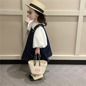 Kids woven flower straw handbag with summer beach shoulder bag for girls outfit