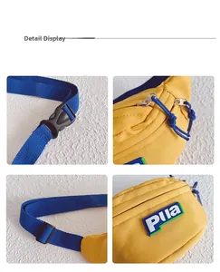 Détails du sac de poitrine en toile jaune avec sangles bleues et boucles en plastique
