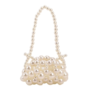 Mini pearl woven handbag for girls with beaded handle and elegant hollow design