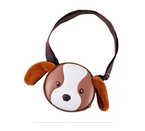 Front view of a cute cartoon dog shell crossbody bag with soft orange plush ears